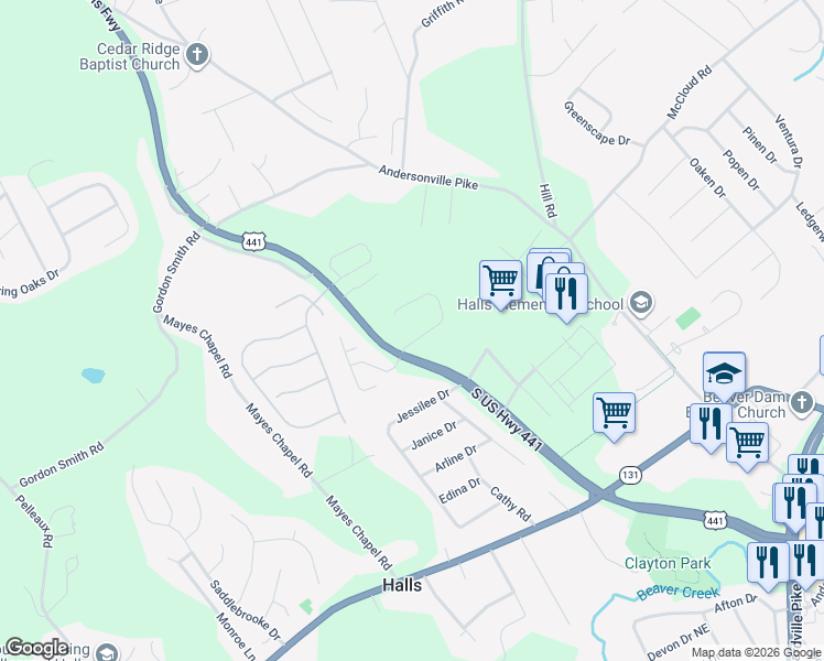map of restaurants, bars, coffee shops, grocery stores, and more near 3729 Whitworth Drive in Knoxville
