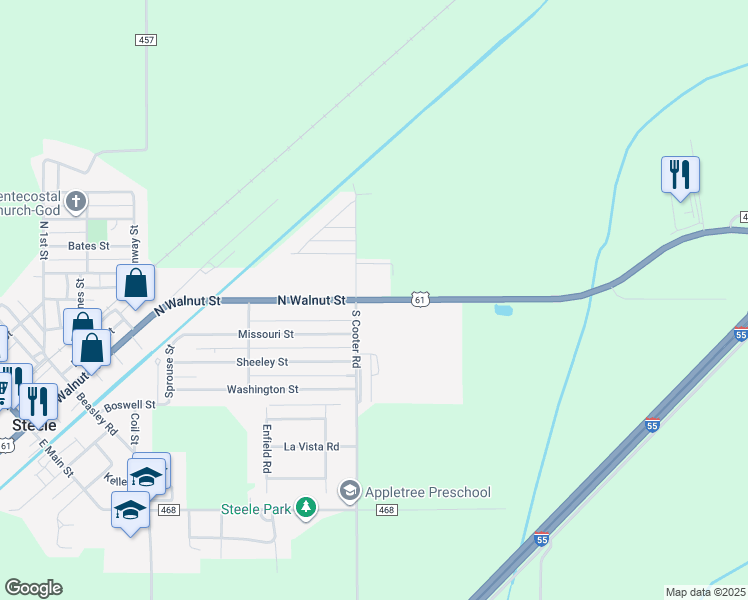 map of restaurants, bars, coffee shops, grocery stores, and more near 935-1099 North Walnut Street in Steele