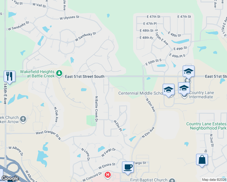 map of restaurants, bars, coffee shops, grocery stores, and more near 3427 North Elm Place in Broken Arrow