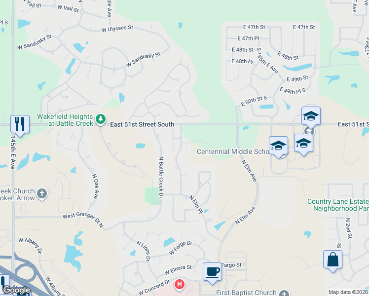 map of restaurants, bars, coffee shops, grocery stores, and more near 3427 North Elm Place in Broken Arrow