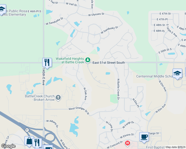 map of restaurants, bars, coffee shops, grocery stores, and more near 3609 North Narcissus Avenue in Broken Arrow