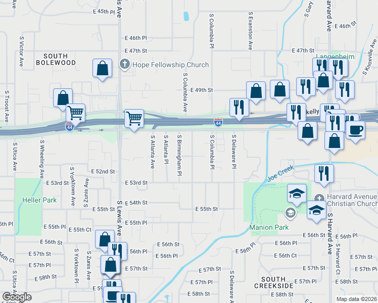 map of restaurants, bars, coffee shops, grocery stores, and more near 5134 South Columbia Avenue in Tulsa