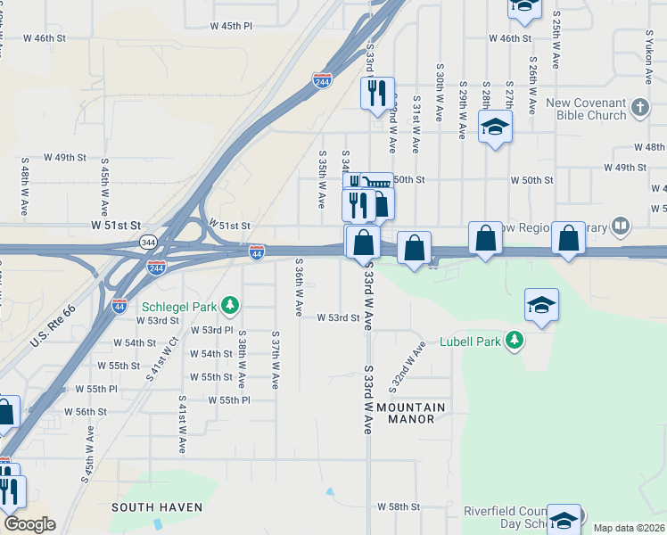 map of restaurants, bars, coffee shops, grocery stores, and more near 5140 South 34th West Avenue in Tulsa
