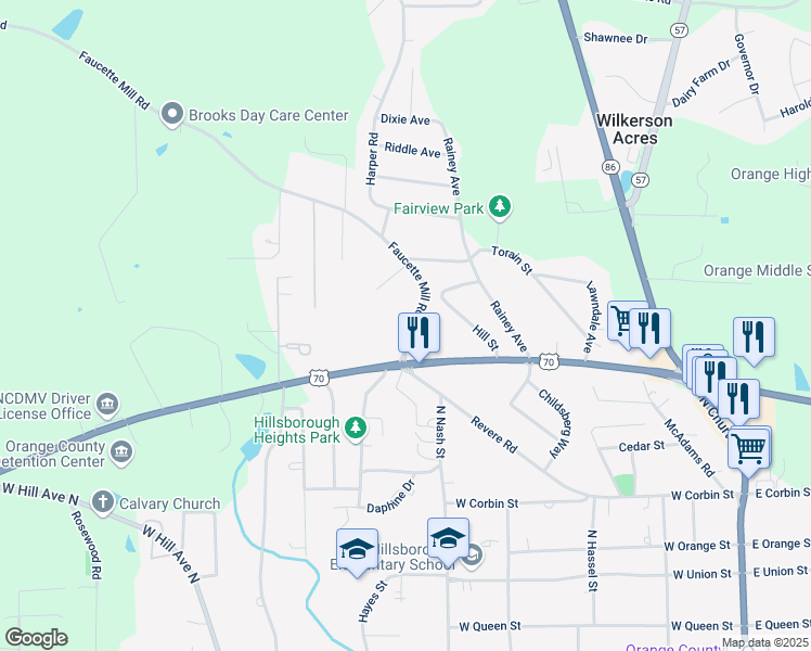 map of restaurants, bars, coffee shops, grocery stores, and more near 128 Faucette Mill Road in Hillsborough