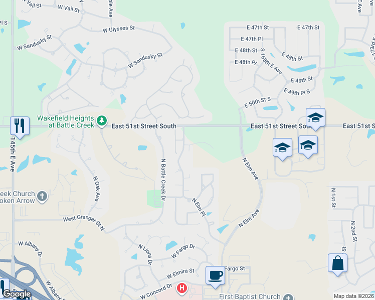 map of restaurants, bars, coffee shops, grocery stores, and more near 3427 North Elm Place in Broken Arrow
