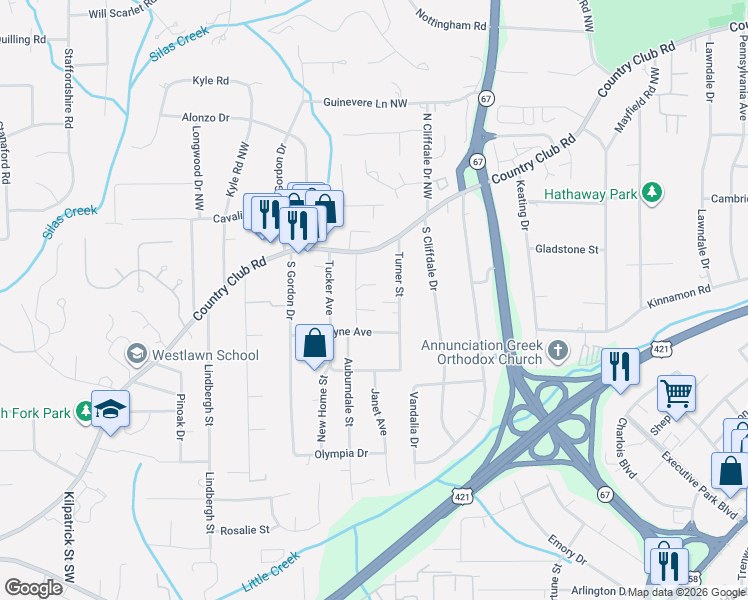 map of restaurants, bars, coffee shops, grocery stores, and more near 3822 Country Club Road in Winston-Salem