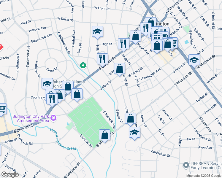 map of restaurants, bars, coffee shops, grocery stores, and more near 1012 South Main Street in Burlington