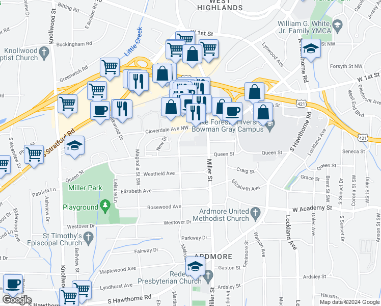 map of restaurants, bars, coffee shops, grocery stores, and more near 2229 Queen Street in Winston-Salem
