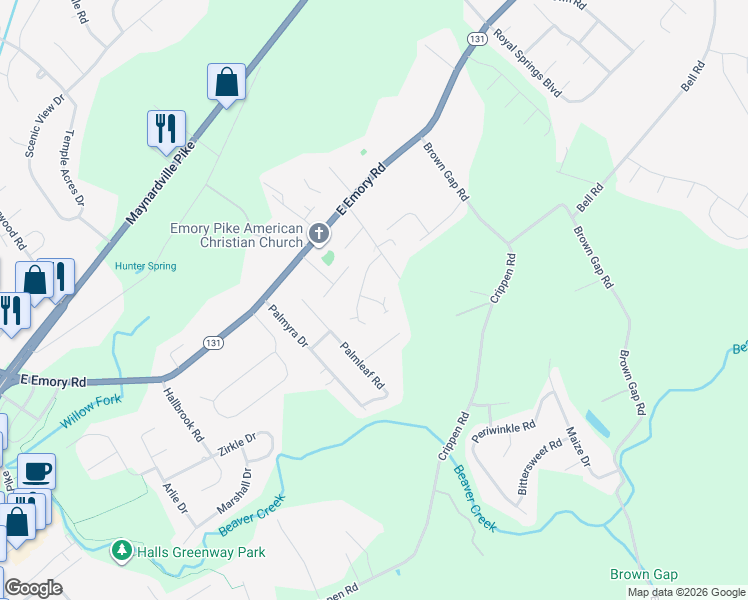 map of restaurants, bars, coffee shops, grocery stores, and more near 7421 Thomas Lane in Knoxville
