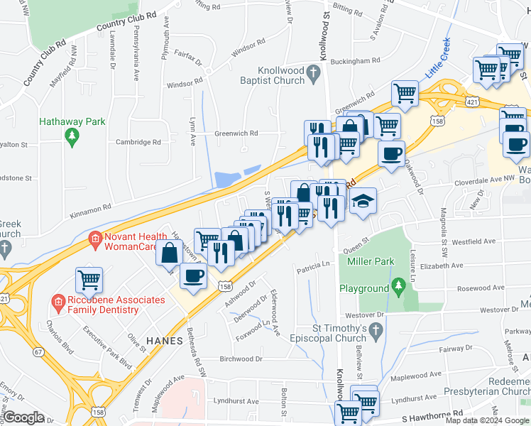 map of restaurants, bars, coffee shops, grocery stores, and more near 548 South Westview Drive in Winston-Salem