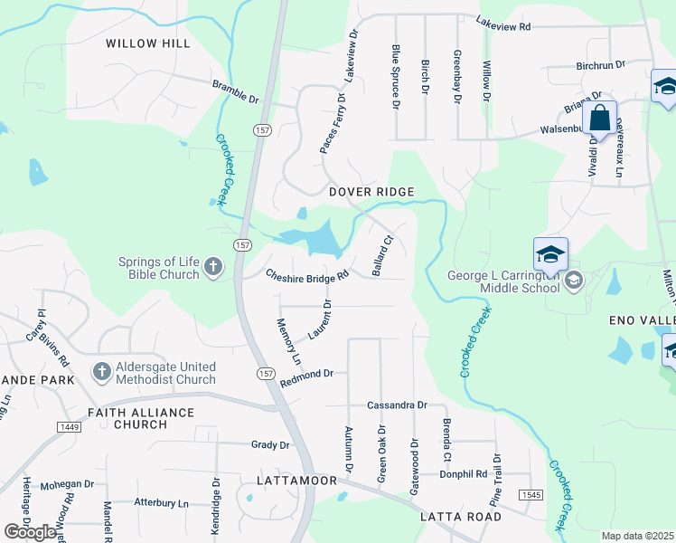map of restaurants, bars, coffee shops, grocery stores, and more near 1709 Cheshire Bridge Road in Durham