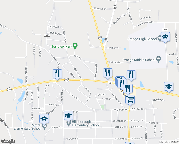 map of restaurants, bars, coffee shops, grocery stores, and more near 120 Torain Street in Hillsborough