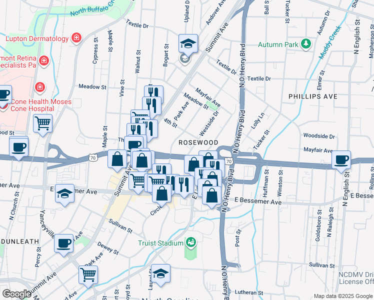 map of restaurants, bars, coffee shops, grocery stores, and more near 1504 Westside Court in Greensboro