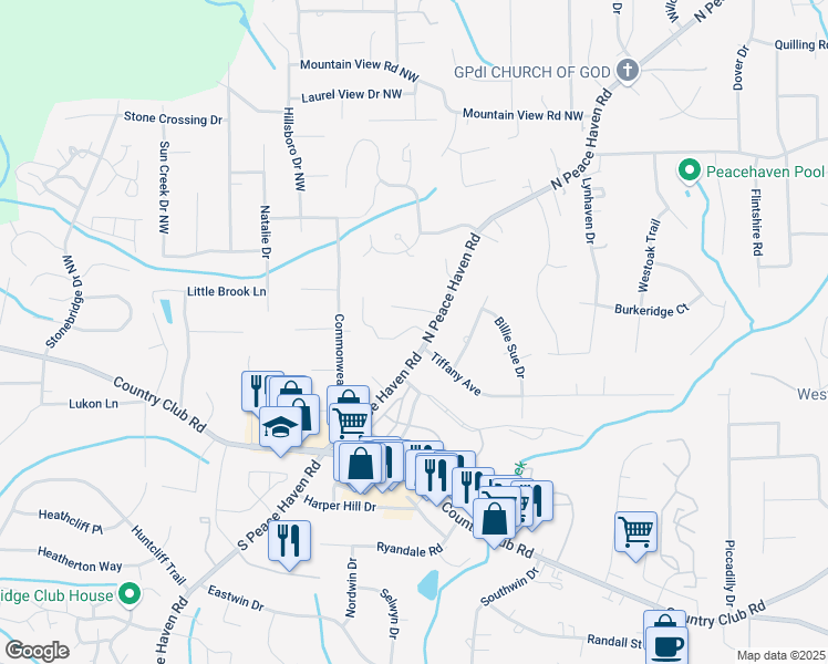 map of restaurants, bars, coffee shops, grocery stores, and more near 106 Pebble Ridge Lane in Winston-Salem