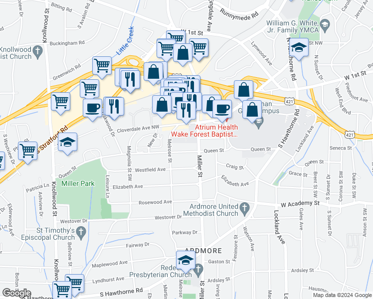 map of restaurants, bars, coffee shops, grocery stores, and more near 2221 Queen Street in Winston-Salem