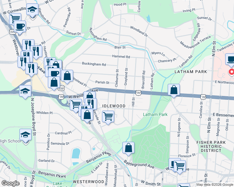 map of restaurants, bars, coffee shops, grocery stores, and more near 1007 U.S. 220 in Greensboro