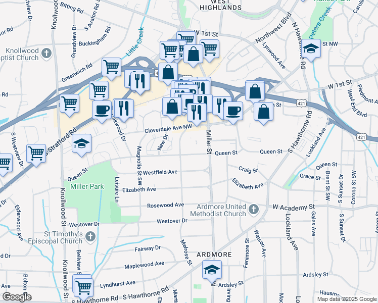 map of restaurants, bars, coffee shops, grocery stores, and more near 2237 Queen Street in Winston-Salem