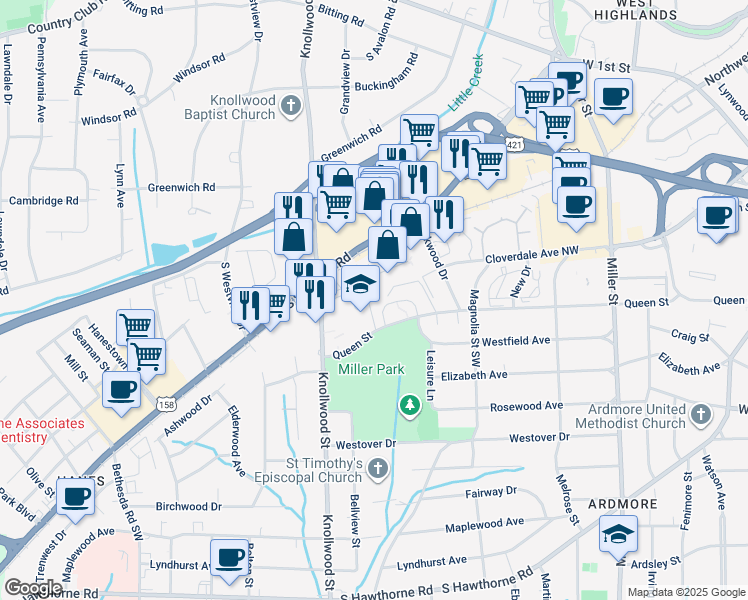 map of restaurants, bars, coffee shops, grocery stores, and more near 2527 Miller Park Circle in Winston-Salem