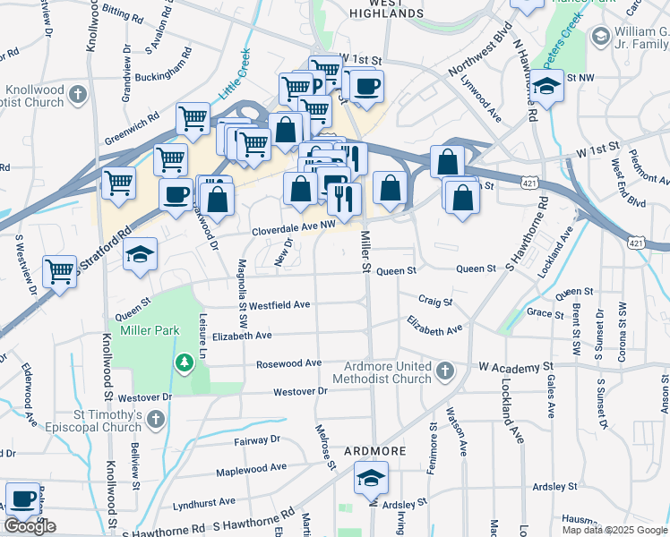map of restaurants, bars, coffee shops, grocery stores, and more near 2229 Queen Street in Winston-Salem