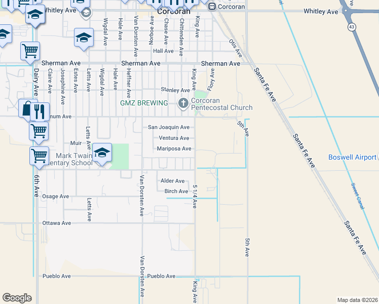 map of restaurants, bars, coffee shops, grocery stores, and more near 925 Mariposa Avenue in Corcoran