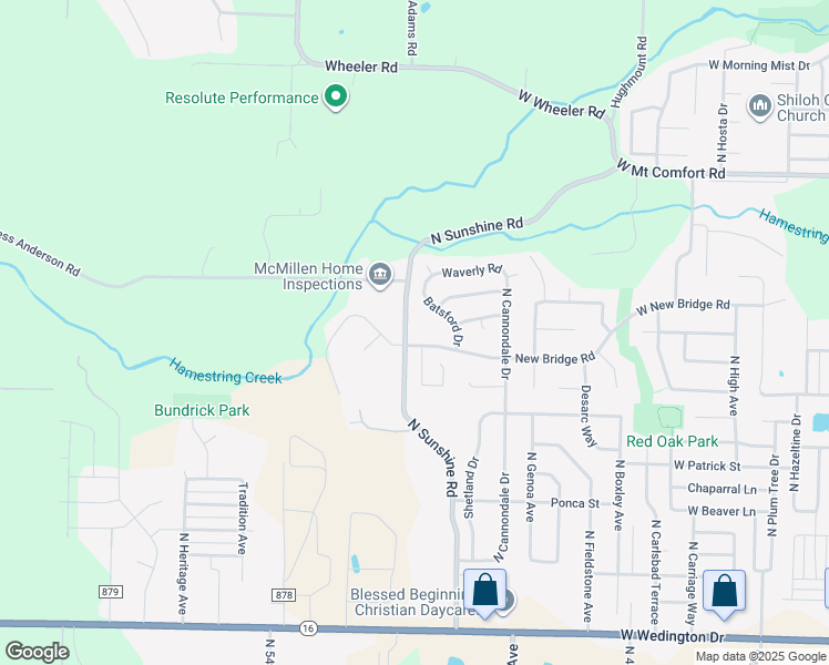 map of restaurants, bars, coffee shops, grocery stores, and more near 5174 West New Bridge Road in Fayetteville