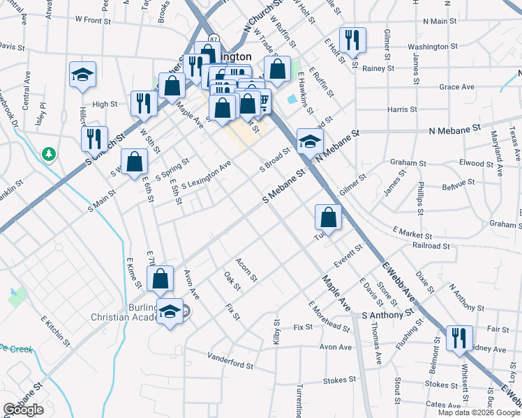 map of restaurants, bars, coffee shops, grocery stores, and more near 506 South Mebane Street in Burlington