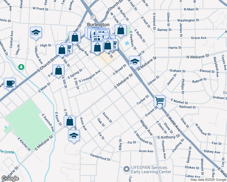 map of restaurants, bars, coffee shops, grocery stores, and more near 506 South Mebane Street in Burlington