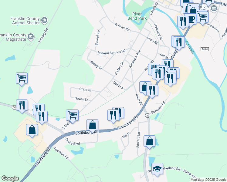 map of restaurants, bars, coffee shops, grocery stores, and more near 109 Ruffin Driveway in Louisburg
