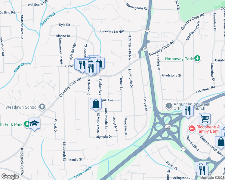 map of restaurants, bars, coffee shops, grocery stores, and more near 3820 Country Club Road in Winston-Salem