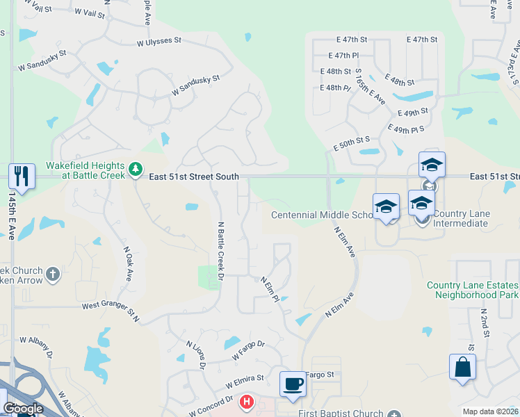map of restaurants, bars, coffee shops, grocery stores, and more near 3427 North Elm Place in Broken Arrow