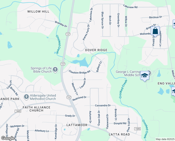 map of restaurants, bars, coffee shops, grocery stores, and more near 1709 Cheshire Bridge Road in Durham