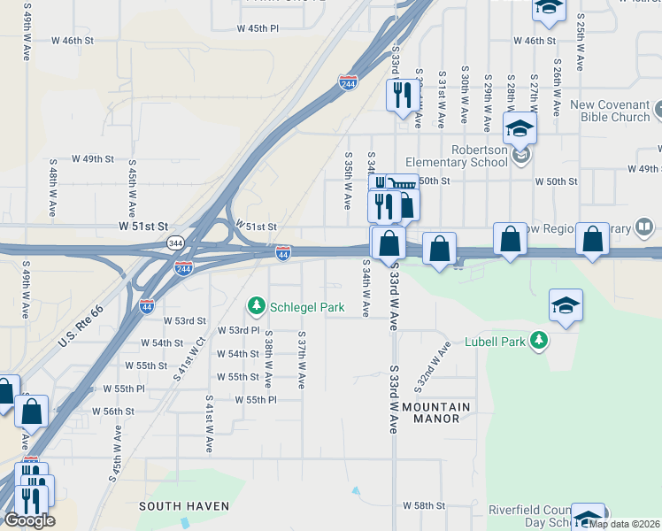 map of restaurants, bars, coffee shops, grocery stores, and more near 5139 South 36th West Avenue in Tulsa
