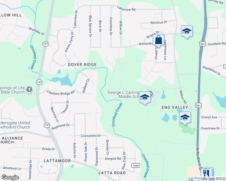 map of restaurants, bars, coffee shops, grocery stores, and more near 5405 Beardsley Court in Durham