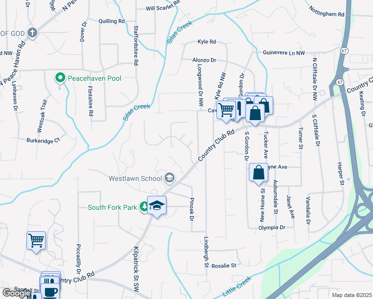 map of restaurants, bars, coffee shops, grocery stores, and more near 160 Coventry Park Lane in Winston-Salem