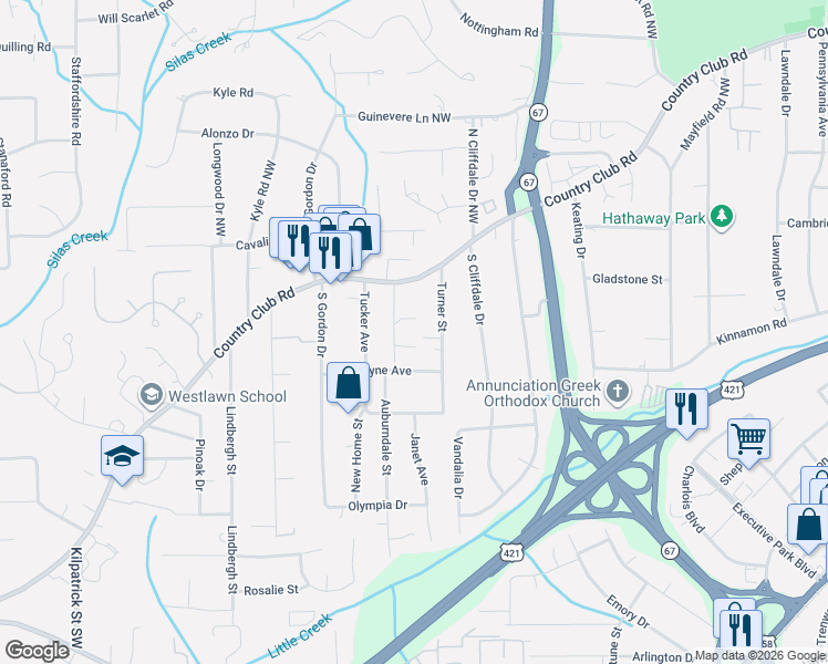 map of restaurants, bars, coffee shops, grocery stores, and more near 3820 Country Club Road in Winston-Salem