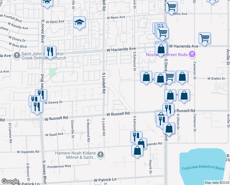 map of restaurants, bars, coffee shops, grocery stores, and more near 5392 Walcott Drive in Las Vegas