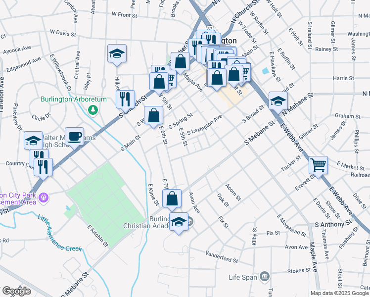 map of restaurants, bars, coffee shops, grocery stores, and more near 317 West 5th Street in Burlington