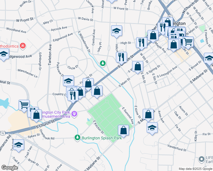 map of restaurants, bars, coffee shops, grocery stores, and more near 119 East Summit Avenue in Burlington