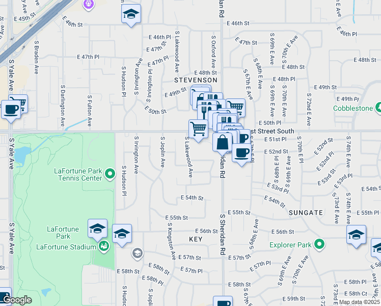 map of restaurants, bars, coffee shops, grocery stores, and more near in Tulsa