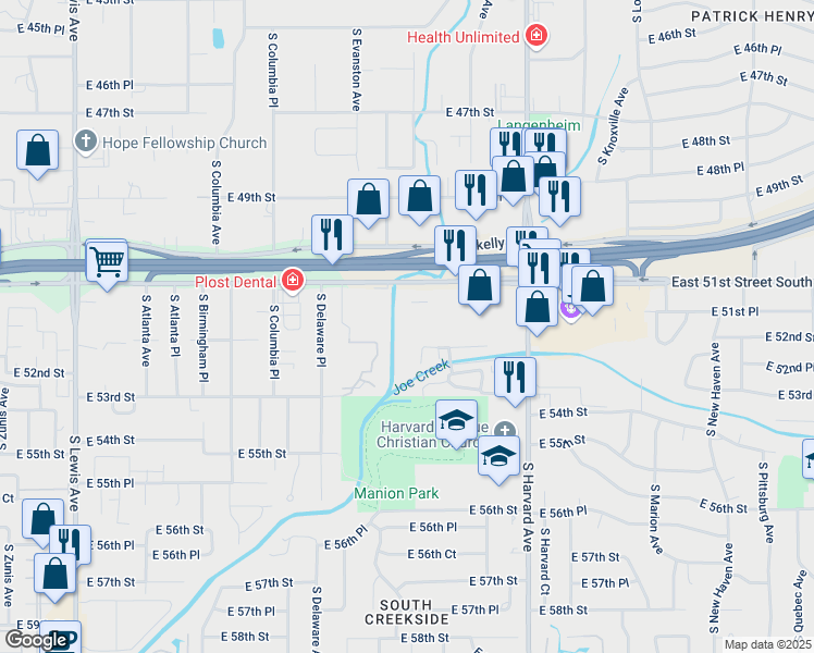 map of restaurants, bars, coffee shops, grocery stores, and more near 3110 East 51st Street in Tulsa