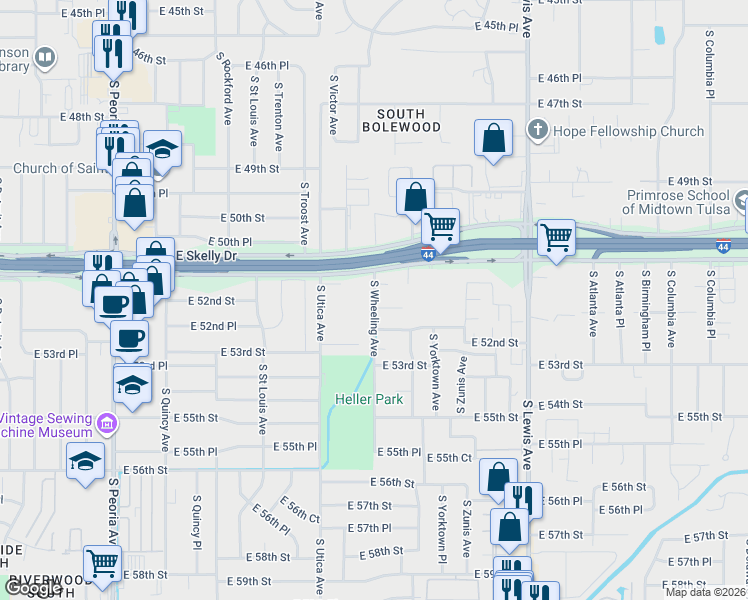 map of restaurants, bars, coffee shops, grocery stores, and more near 5131 South Wheeling Avenue in Tulsa