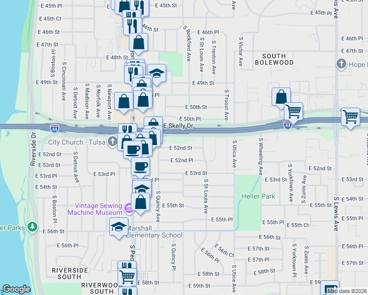 map of restaurants, bars, coffee shops, grocery stores, and more near 1445 East 52nd Street in Tulsa