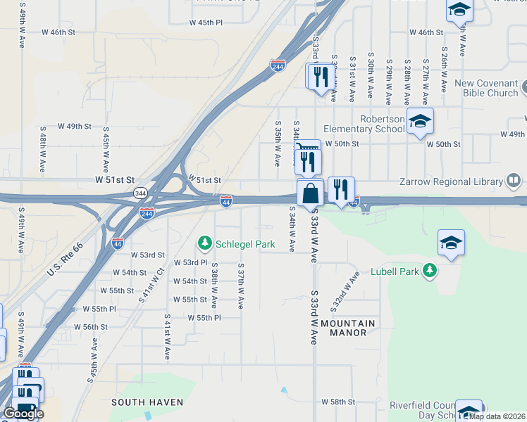 map of restaurants, bars, coffee shops, grocery stores, and more near 5139 South 36th West Avenue in Tulsa