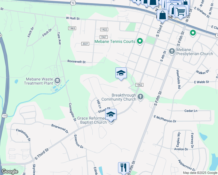 map of restaurants, bars, coffee shops, grocery stores, and more near 241 Fair Oaks Court in Mebane