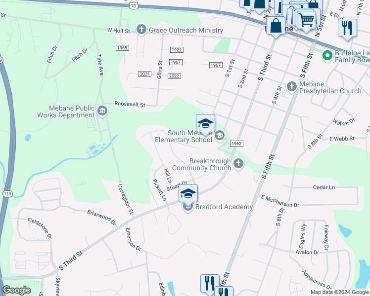 map of restaurants, bars, coffee shops, grocery stores, and more near 241 Fair Oaks Court in Mebane