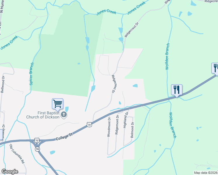 map of restaurants, bars, coffee shops, grocery stores, and more near 1025 Ridgecrest Drive in Dickson