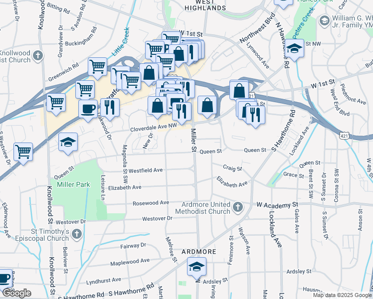 map of restaurants, bars, coffee shops, grocery stores, and more near 2213 Queen Street in Winston-Salem