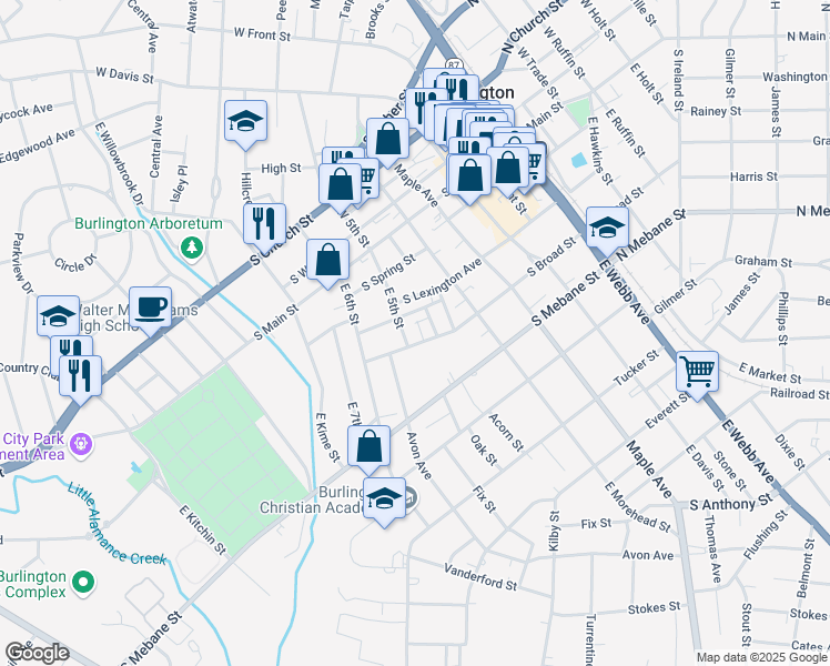 map of restaurants, bars, coffee shops, grocery stores, and more near 727 South Broad Street in Burlington