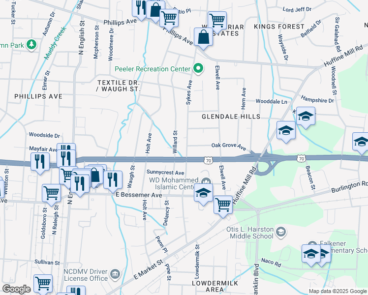 map of restaurants, bars, coffee shops, grocery stores, and more near 809 Sykes Avenue in Greensboro