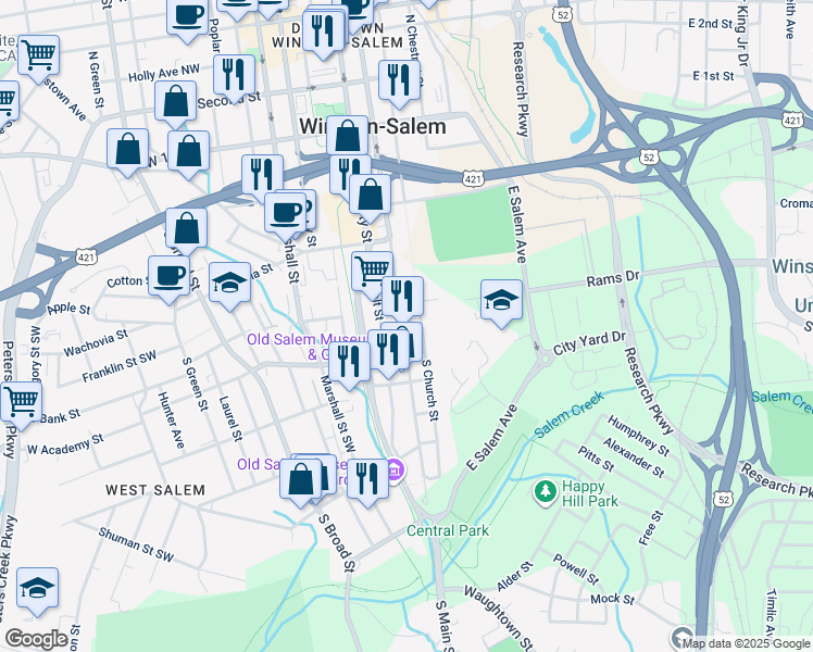 map of restaurants, bars, coffee shops, grocery stores, and more near 517 South Main Street in Winston-Salem